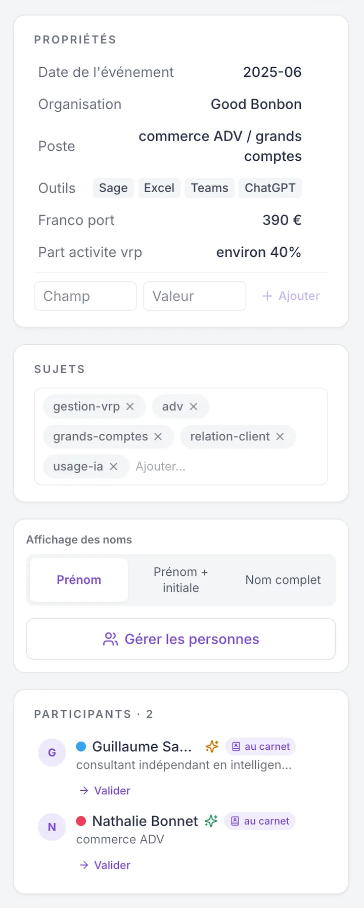 les propriétés de la note : type, sujets, participants