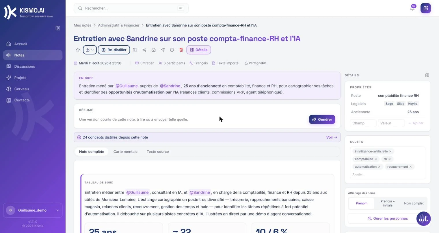 une note d'entretien, interlocuteurs identifiés et résumé structuré