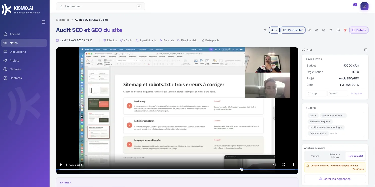 la visioconférence enregistrée, relue depuis la note