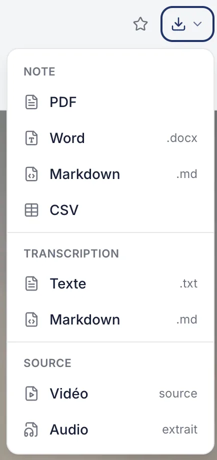 le menu d'export : note, transcription, fichier source