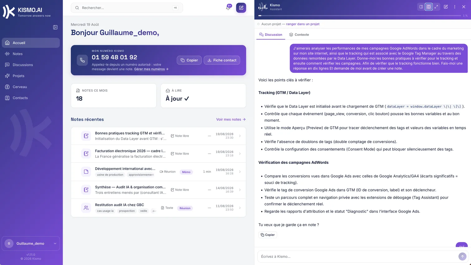 le volet assistant, ouvert sur l'accueil, une note ou une discussion