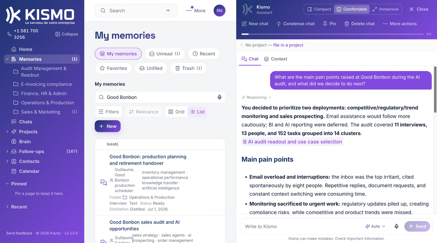the account overview, memories and the assistant side panel
