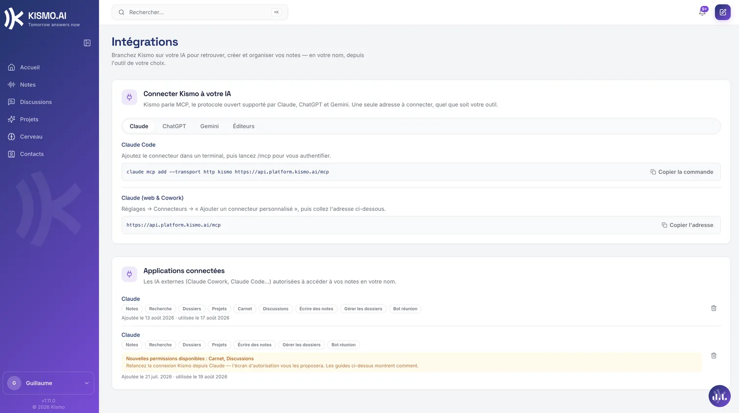 les applications d'IA connectées à un compte KISMO, avec leurs autorisations