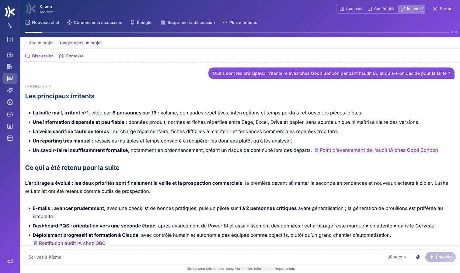 une question posée à l'assistant et sa réponse, avec les souvenirs cités
