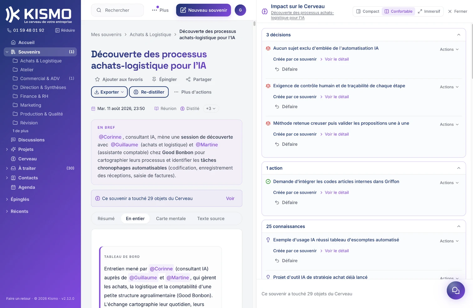 un souvenir distillé et les concepts qui en sortent, classés par nature