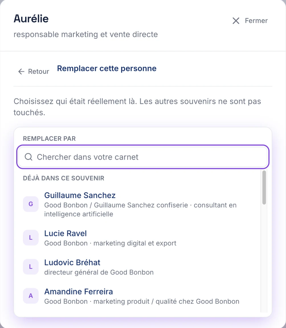remplacer une personne par une fiche du carnet