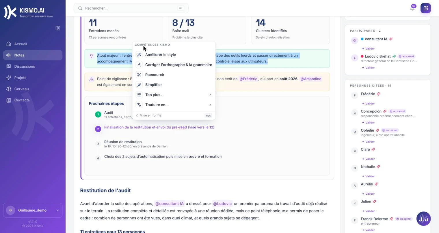 l'éditeur avec le menu IA ouvert sur une sélection