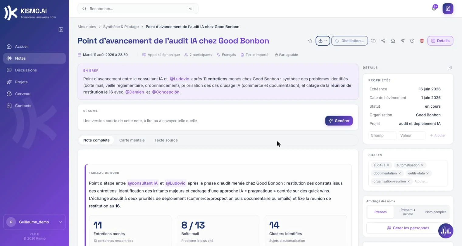 une note d'appel téléphonique, résumé et points d'action