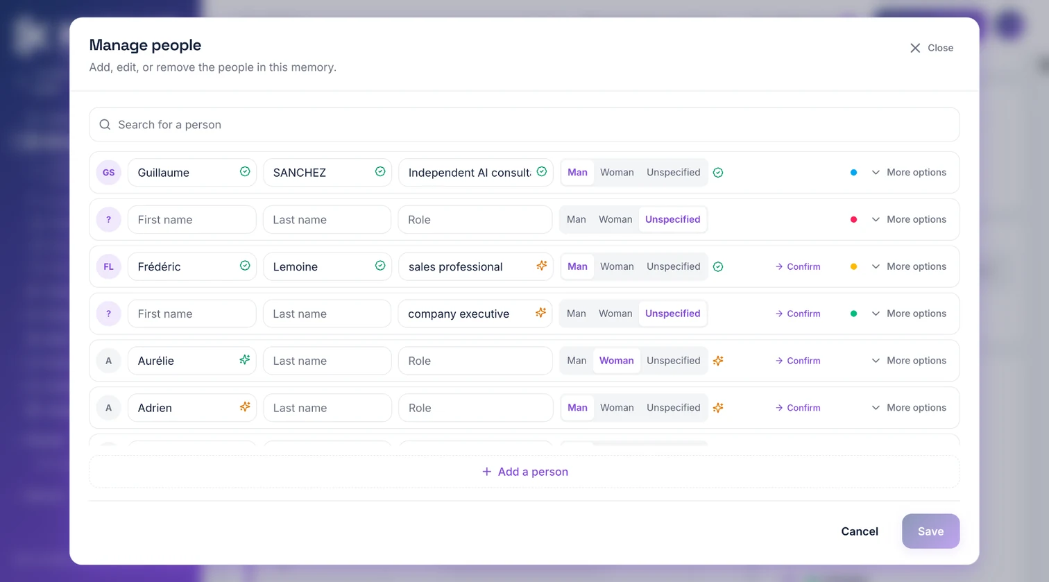 manage the people of a memory, detections to confirm