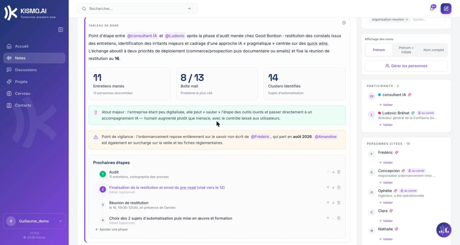 une note de réunion dans l'espace client, avec résumé et points d'action