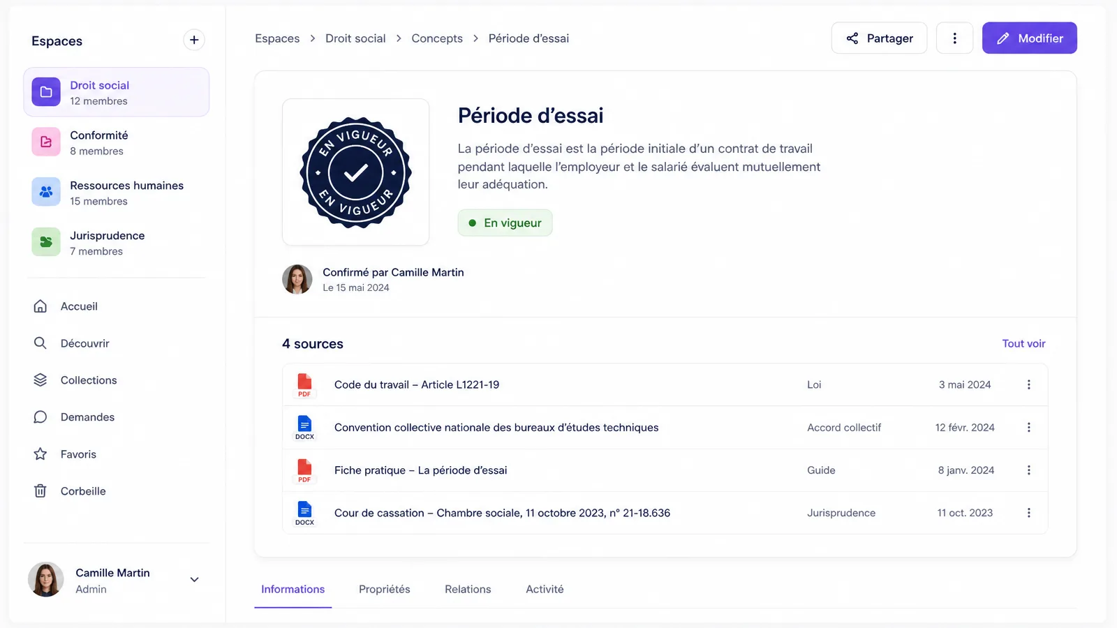 le sceau d'état d'un concept : en vigueur, confirmé, avec ses sources